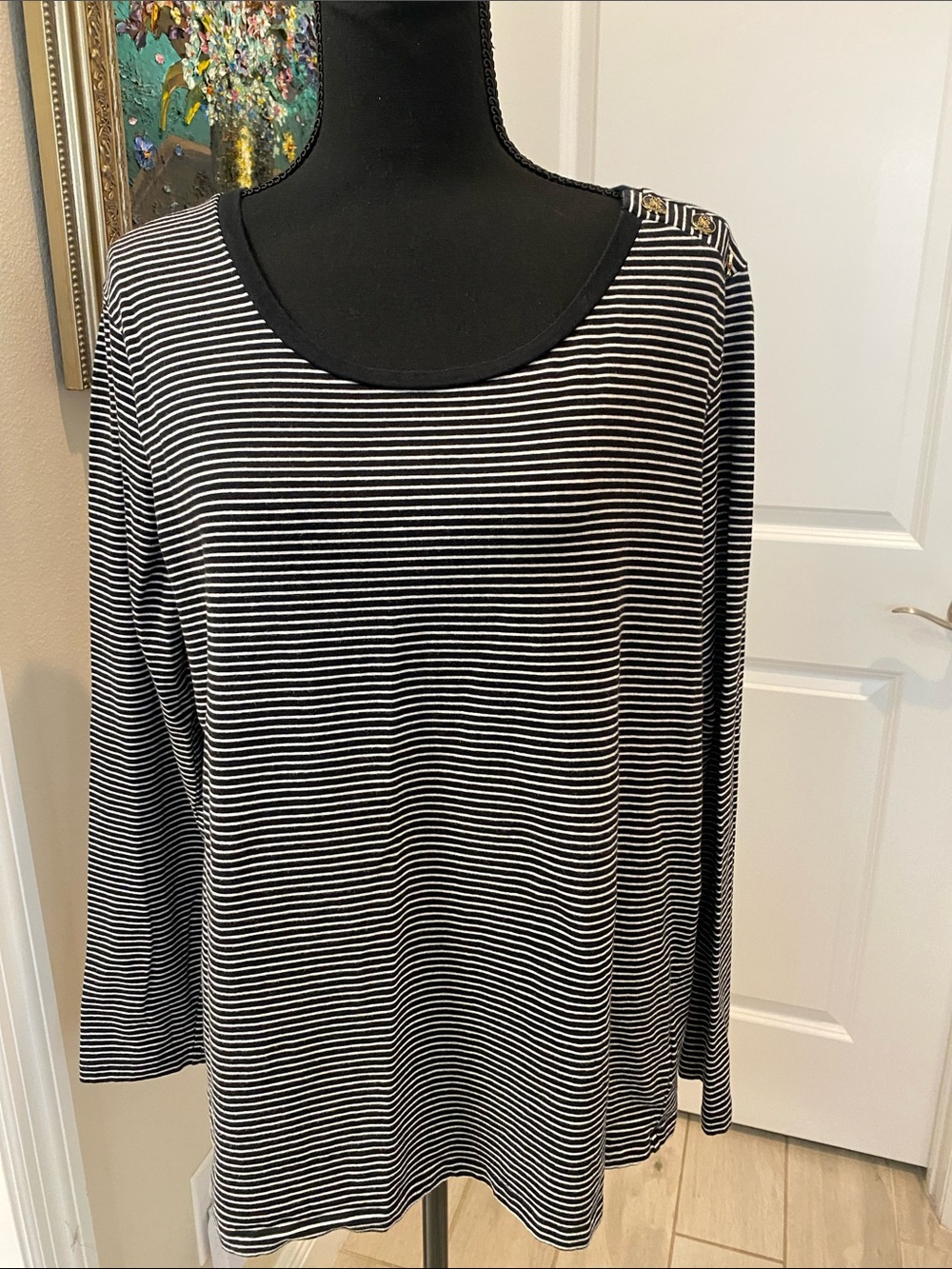 Jones New York Black & White Striped Long Sleeve Top with Shoulder Buttons